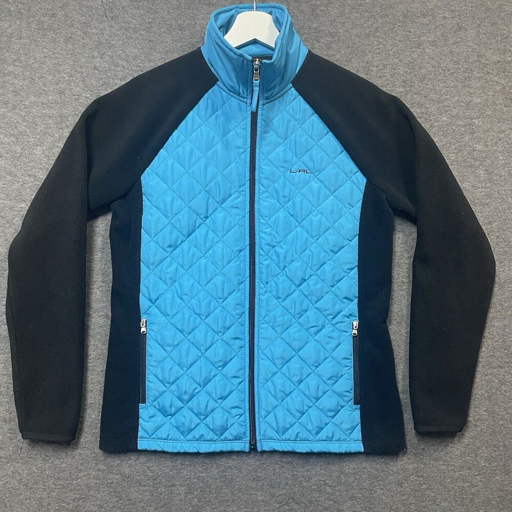 LRL Ralph Lauren Active Jacket Womens Medium Blue Black Fleece Full Zip Quilted